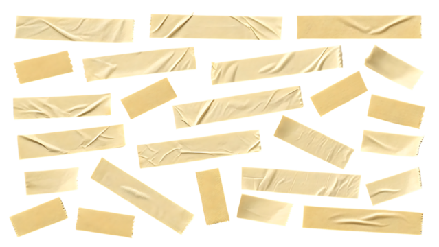 Collection of beige masking tape pieces isolated on black background adhesive paper elements for design and crafts textured strips creative resource