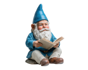 Garden gnome statue reading book blue hat white beard sitting fantasy ornament cheerful whimsical outdoor decor isolated detailed playful