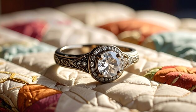 Timeless Heirloom - Ornate Vintage Diamond Ring on a Sun-Kissed Patchwork Quilt. - Powered by Adobe