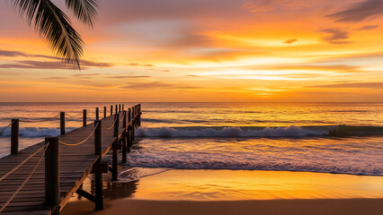 Wooden pier on a beach at sunset with ocean waves