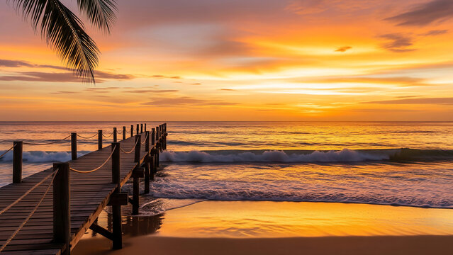 Wooden pier on a beach at sunset with ocean waves