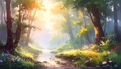 Lush forest path bathed in sunlight