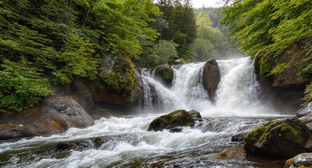 Fototapeta premium Cascading waterfall flowing over rocks surrounded by lush green trees