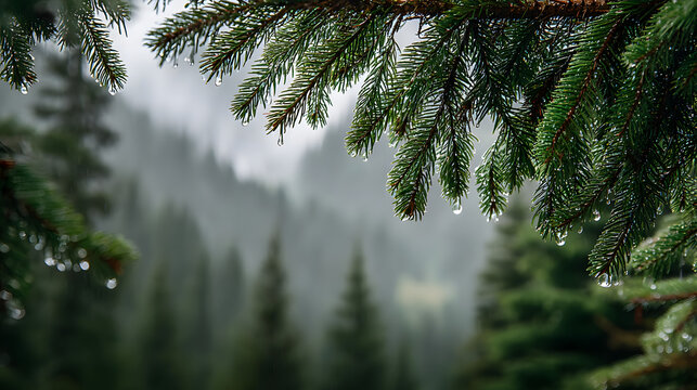 Misty Forest Morning: Delicate raindrops cling to the needles of a pine branch, framing a misty forest scene shrouded in atmospheric fog and verdant greenery.