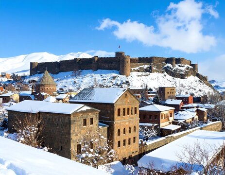 Snowy mountain town with ancient fortress - Powered by Adobe