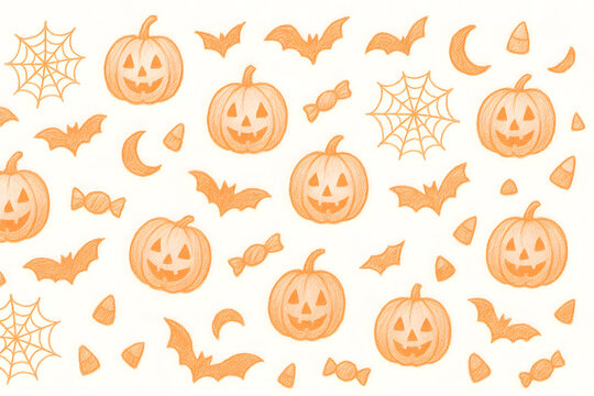 Orange Halloween pattern with pumpkins, bats, spiderwebs, candy, and crescent moons on a light background, ideal for festive designs.
