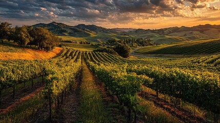 Naklejka premium Vineyard rows stretch into rolling hills under a dramatic sunset sky