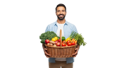 Smiling man holding a basket full of fresh vegetables and fruits isolated on transparent background