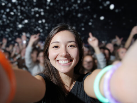 Young woman smiling selfie crowd celebration party night with glowing bracelets and joyful atmosphere