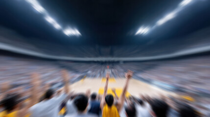 Excited crowd cheering with raised hands in large indoor basketball arena during fast paced game with motion blur effect