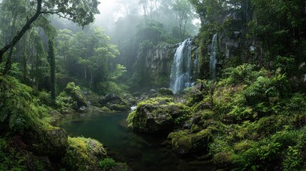 Obraz premium Lush, misty forest scene features a waterfall cascading into a serene, dark pool. Abundant foliage & moss