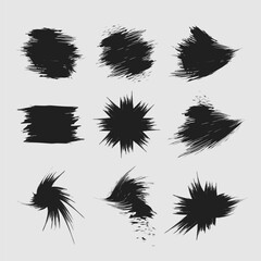 Collection of diverse abstract black grunge brush strokes and textured elements for graphic design projects, perfect for impactful visuals