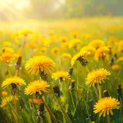Sunny meadow filled with bright yellow dandelions