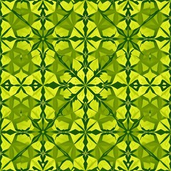 Geometric abstract pattern with repeating floral like motifs in varying shades of green