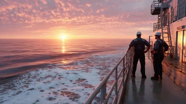 Seafarers Observing the Dawn: A captivating shot of two seafarers gazing towards the horizon from a ship's deck.