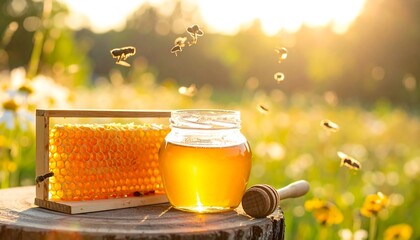 Honeycomb and honey jar in a sunlit meadow