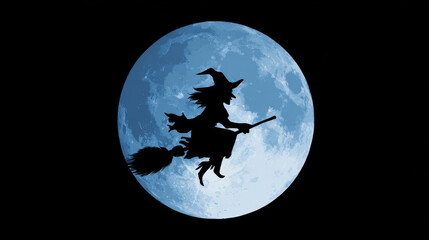 Silhouette of witch flying on broomstick against full moon creates mystical and enchanting atmosphere. dark background enhances magical scene, evoking feelings of wonder and fantasy