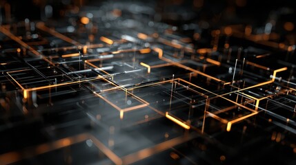 Glowing orange lines form intricate network structure abstract circuit