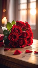 Dramatic Red Rose Bouquet with Water Droplets on Wooden Table Top in Window Backlight Moody Romantic Still Life Photography