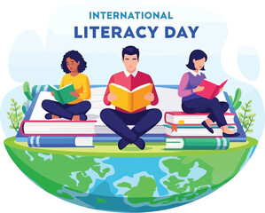 Celebrate International Literacy Day with diverse readers enjoying books on a world of knowledge, inspiring a love of learning and global education