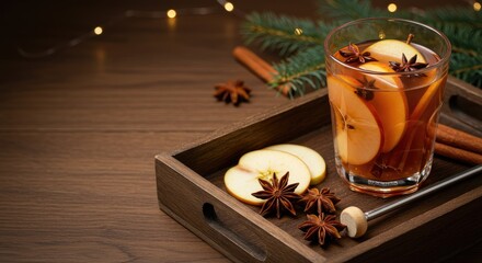 Warm spiced apple drink on a wooden tray