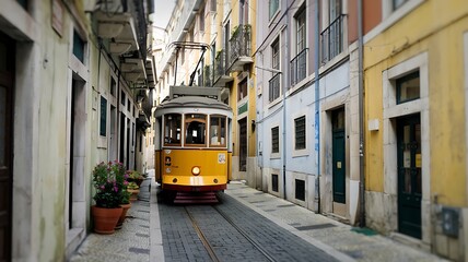 Iconic yellow tram navigates narrow european cobblestone street scenic cityscape