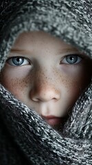 Piercing Blue Eyes of a Child with Freckles Peeking from Cozy Knitted Grey Scarf