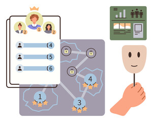 Profiles ranked with medals, a network map with locked icons and ratings, dashboard analytics, and a hand holding a mask. Ideal for gamification, teamwork, success, strategy, privacy data analysis