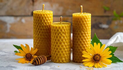 Honeycomb candles on a table