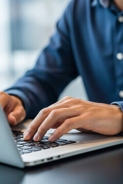 Close up of hands typing on a laptop keyboard
