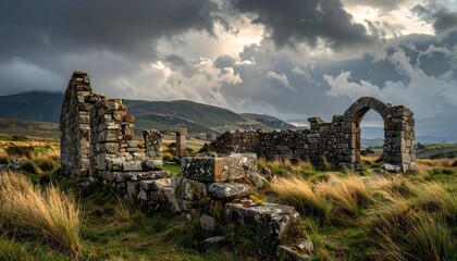 Dramatic Skies over Stone Ruins in Rural Landscape with Overcast Weather and Hillside Scenery and Grassy Foreground