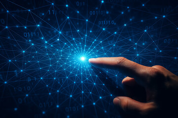 Digital network and connectivity with hand touching glowing node, data communication and technology connection background