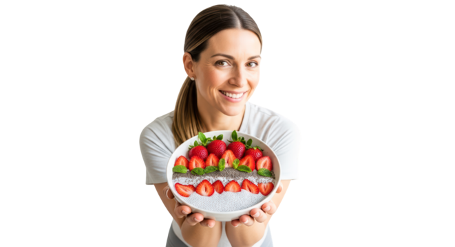Woman holding a bowl of smoothie with strawberries and chia seeds, isolated on transparent background
