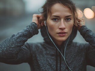 Intense Portrait of a Determined Woman in a Hoodie Before an Urban Workout