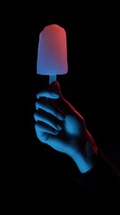 A hand holding a colorful popsicle against a dark background, illuminated with vibrant lighting for a striking visual effect.