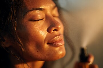 Smiling Woman with Closed Eyes Enjoying Soothing Facial Spray in Warm Golden Sunlight