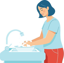 Smiling woman gently washes hands in soapy water at sink, promoting hygiene and wellness with clean, modern aesthetic