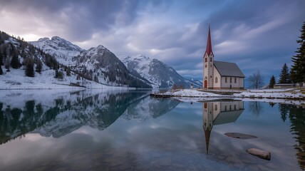 Serene alpine church reflected in a tranquil lake amidst snow-capped mountains