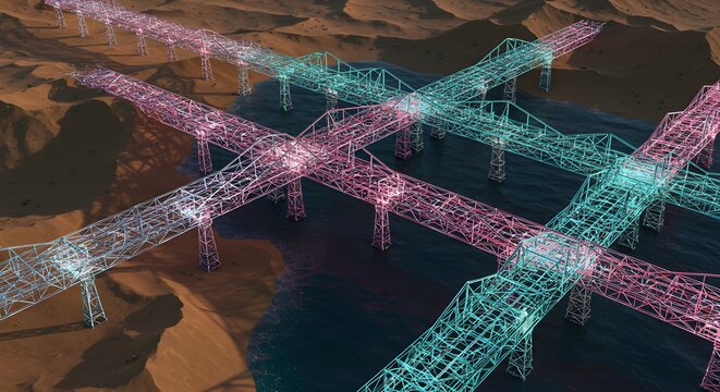 Abstract intersection of bridges in 3 d rendered artwork over an environment