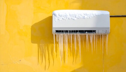 An outdoor appliance is coated with ice and snow, hanging against a vibrant yellow wall, suggesting winter weather conditions
