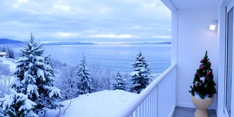 Snow covered evergreen trees and ocean view from a balcony with a decorated Christmas tree