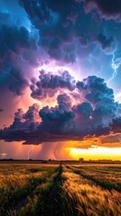 Dramatic Storm Clouds Over Golden Field with Distant Rain