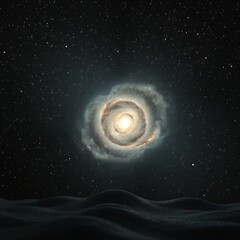 Swirling bright luminous galaxy with distant stars and dark rippling foreground space
