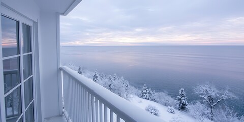 Balcony view of a snow covered forest overlooking calm ocean water at dawn Winter