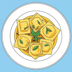 A top-down view of a plate of delicious ravioli garnished with fresh basil leaves and black pepper.