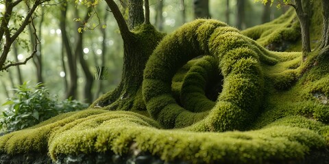 Dense green moss covers gnarled tree roots and ground in a sun dappled forest setting