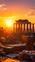 Dramatic Sunset Over Ancient Stone Ruins Glowing in Golden Light Pixelated Texture and Warm Tones Ultra Sharp Structure Cinematic View