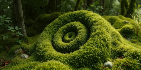 Lush green moss forms a spiral pattern on undulating terrain with tree trunks and small plants