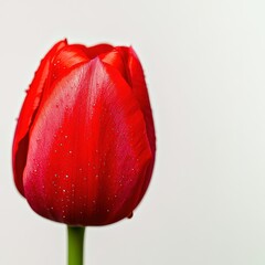 Bright Red Tulip with Raindrops on Petals in Soft Natural Light