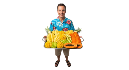 Man in hawaiian shirt holding a large tray of assorted tropical fruits, isolated on transparent background
